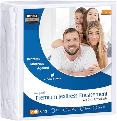 Utopia Bedding Premium Waterproof Bed Bug Mattress Cover, King Zippered Mattress Protector, 12 Inches Deep, Dust Mite Proof 6-Sided Mattress Encasement for Bed