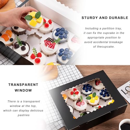 Image of Hoewina 12PCS Cupcake Boxes - Hold 12 Count Cupcake Containers with Window, Food Grade Cupcake Holder Easy Transport and Presentation - Ideal for Cupcakes, Desserts, and More (Black)