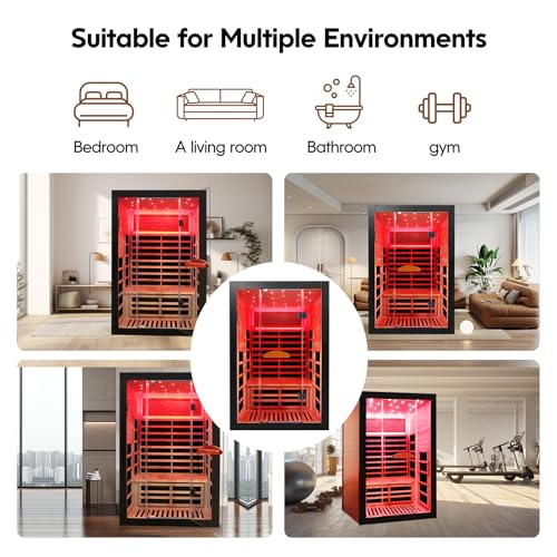 Image of OUTEXER Infrared Sauna 2000W Wooden Saunas Home Spa Room Wood Low-EMF Indoor Saunas with with 7 Color Starry Sky Ceiling Light for Two Person 74.8 * 47.2 * 41.3Inch
