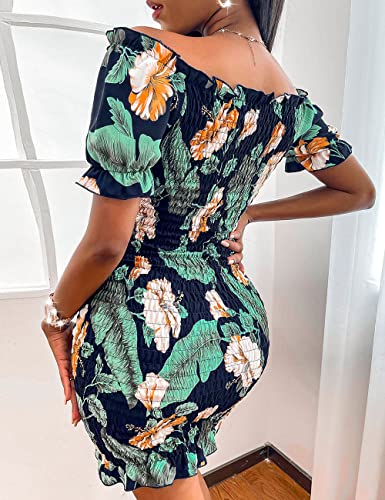 Image of PRETTYGARDEN Women's Summer Off Shoulder Bodycon Dresses Short Sleeve Drawstring Sexy Mini Party Club Smocked Dress
