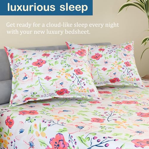 Image of Kuber Industries Cotton 200 TC Double Bedsheet With 2 Pillow Covers | Machine Washable Soft Bedsheet For Living Room, Home & Hotels | Flower Print - Pink & White