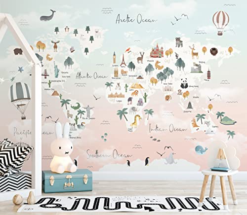 Murwall Kids Wallpaper Map Wallpaper For Girls Pink World Map Political Map Wall Mural Little Animal And Famous Place Wall Mural #TOP9
