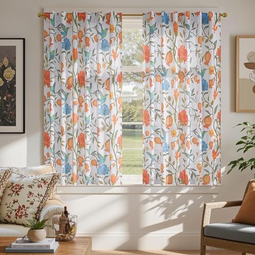Image of JOOJA 54 Inch Boho Floral Curtains Tropical Bird Print Linen Semi Sheer Window Drapes for Kitchen, Bedroom, Bathroom, Living Room, Dining Room, White