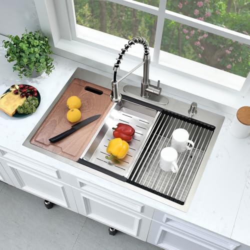 Image of 33x22 Drop In Kitchen Sink Workstation-Bokaiya 33 Inch Stainless Steel Drop In Sink Topmount 16 Gauge 10 Inch Deep Above Counter Single Bowl Kitchen Sink with Cutting Board