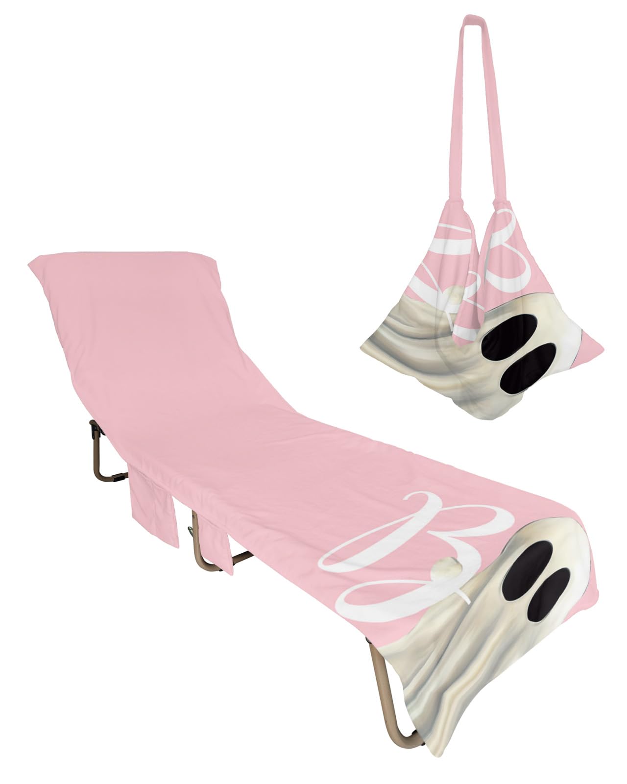 Pink Halloween Ghost Beach Lounge Chair Towel Cover, Soft Chaise Lounge Towel with Side Pockets Patio Pool Chairs Cover for Beach/Pool Sunbathing 29x85 Watercolor White Ghost Pink