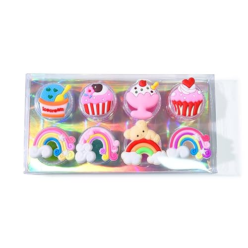 Juego de 8 bálsamos labiales para niñas, regalos de fiesta, sabores afrutados, bonitos diseños de cupcakes de arcoíris, regalo de cumpleaños