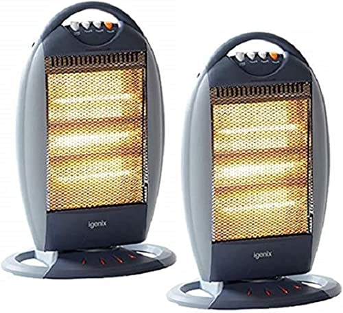 Igenix IG9514/2PACK Portable Upright 3 Bar Halogen Electric Heater with Wide Oscillation Function, 3 Heat Settings and Safety Tip Over Switch, Ideal for Caravans and Garages, 1200 W, Grey, Pack of 2 option