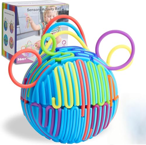 Sensorik Activity Ball mit 16 bunten Silikonstreifen Fidget Toys Stressabbau Spielzeug für Kinder & Erwachsene Autismus/ADHS Sensory Ball mit Aufbewahrung & Display-Ständer Blau