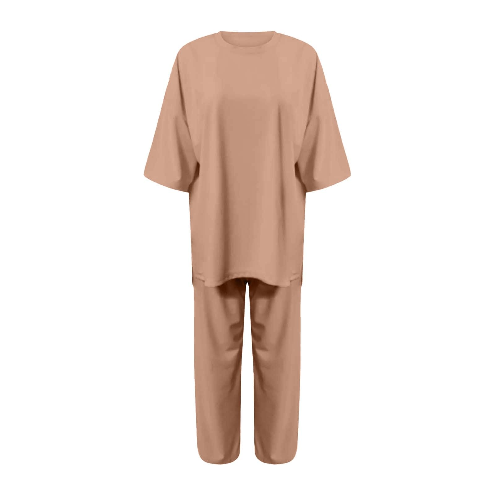 Damen 2-Teiliger Lässiger Kurzarm-Pullover Mit Weitem Bein Und Hose, Freizeitanzug Sportklamotten Set Schlafanzug Lang Flauschiger Winter Warm Baumwolle Hausanzug Pyjama