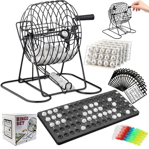 Gobesty Bingo Spiel Metalltrommel, Bingo Spiel Erwachsene mit 18 Tckets 75 Kugeln 150 Chips 2 Spielbretter, Bingosets für Partys Feiertage & Veranstal After Dinner Weihnachten Geschenk
