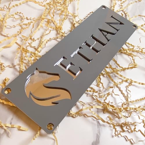 Placa personalizada de acrílico moderno para números de casa diseño 3D en Gris y Plata con corte láser, señalización exterior con nombre de calle y número cívico para hogar o finca Pony (Modelo 6)