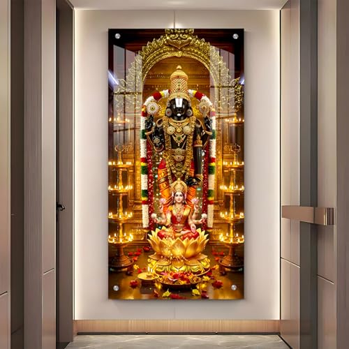 Image of The Hanging Story Tirupati Balaji & Laxmi ji Wall Painting for Living Room, Bedroom, Office, Home Temple | Vastu Religious Wall Decor Frame | Printed 4MM Acrylic (12x23 inch)