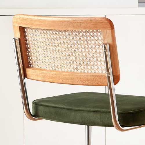 Image of GrandNoor Natural Rattan Bar Stools Set of 2 with Solid Wood Back, 24 Inch Mid Century Modern Counter Height Stools, Green Upholstery Boho Stool for Kitchen Counter with Chrome Metal Legs