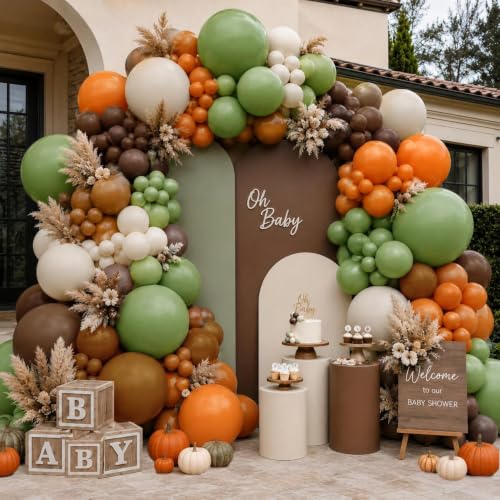 Image of Green Brown Orange Balloon Garland Double Stuffed Fall Thanksgiving Balloon | Sage Green White Cream Beige Balloon Arch Kit for Baby Shower Birthday Dinosaur Woodland Pumpkin Party Decorations