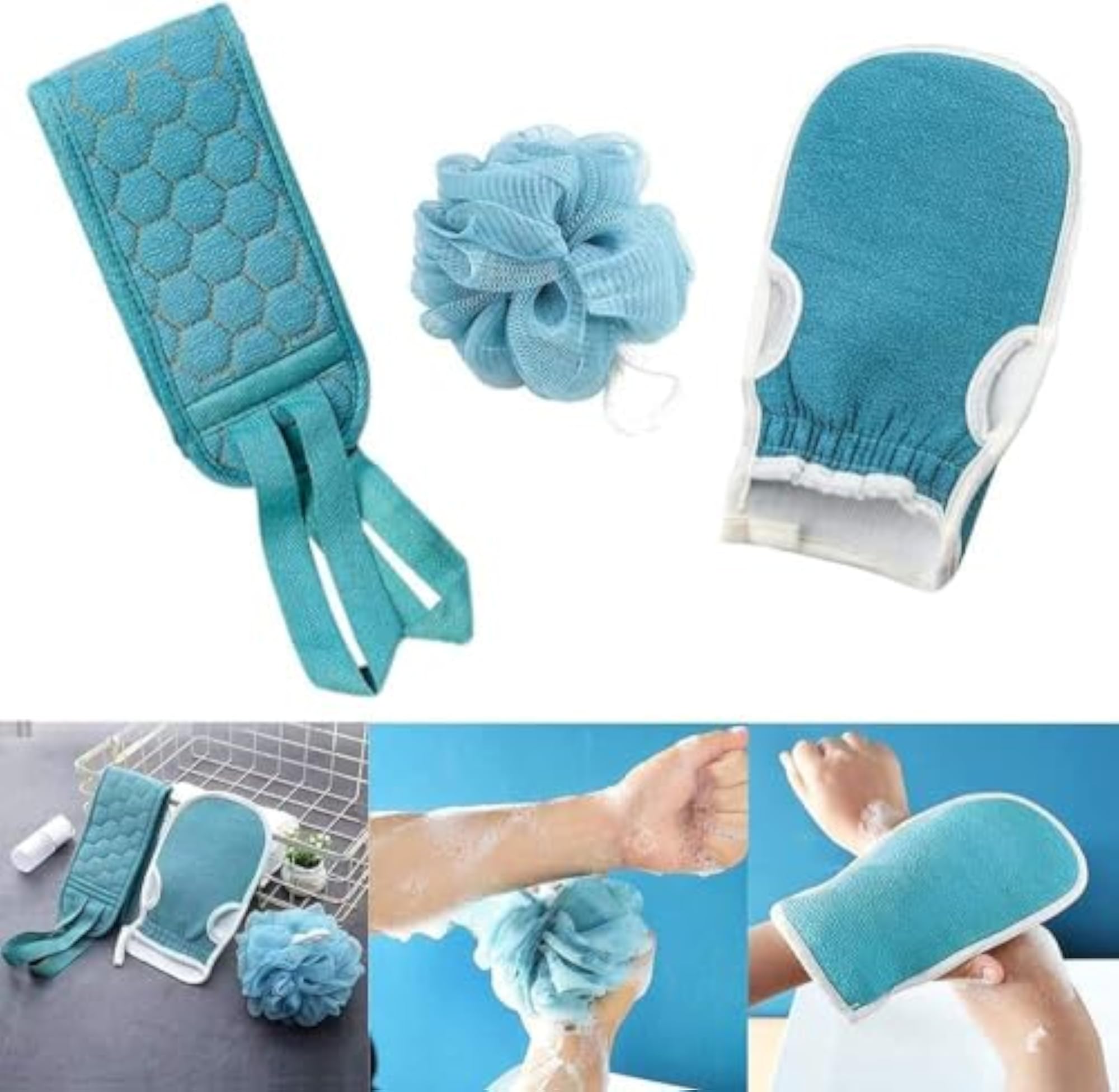 3 Pcs Bath Loofah Set with Exfoliating Gloves