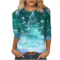 Christmas Sweatshirts for Women UK Ladies Tops Christmas Tree Elk Snowman Printed 3/4 Sleeve T-Shirts Crewneck Loose Fit Pullover Tops Tunic Blouse Xmas Jumpers Holiday Shirt