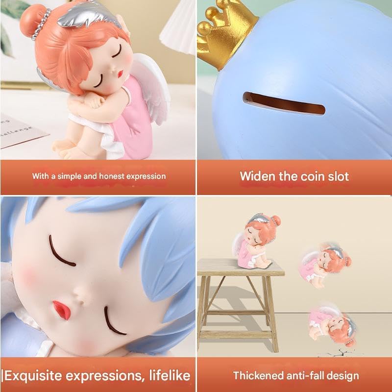 Image of Money Saving Bank with Coin Slot / /Creative Cartoon Design Money Bank / /Plastic Piggy Bank for Boys & Girls (Pack of 1) (Sleeping Angel - Blue)