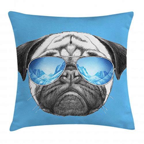 Ambesonne Pug Throw Pillow Cushion Cover, Dog Portrait Mirror Sunglasses Hand Drawn Illustration Of Pet Animal Funny, Decorative Square Accent Pillow Case, 20" X 20", Pearl Blue #TOP10