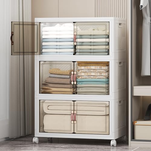UAMFURI Stackable Storage Bins with Lids, Clear Doors, Large Storage Cabinet Foldable Collapsible...