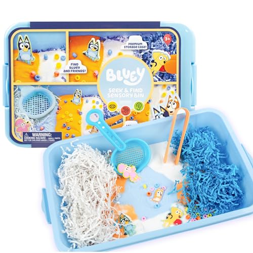 Horizon Group USA Official Bluey Seek & Find Sensory Bin, Ready-to-Use Sensory Toys for Toddlers 3-4 with Lid, Play Sand, Scoops & Tongs, Exclusive Bluey Toys