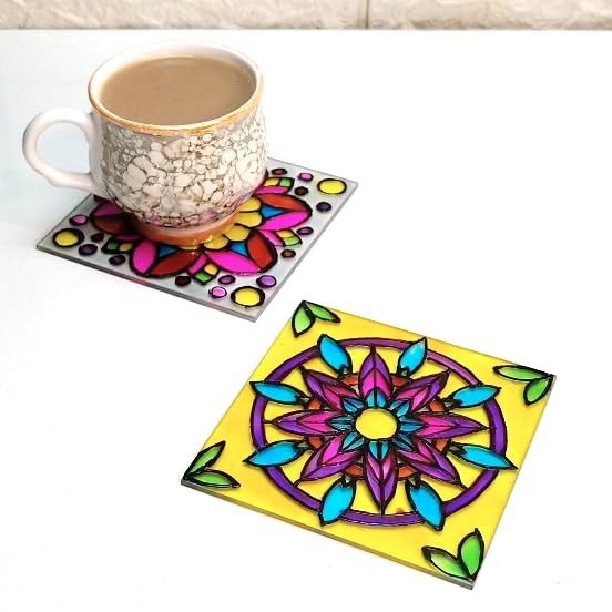 Image of The Crafthives Mandala Glass Painting Kit | DIY Stained Glass Mandala Art Set with Acrylic Frames, Colours, Brushes & Outliner | Creative Glass Painting Craft Kit for Kids Beginners Adults