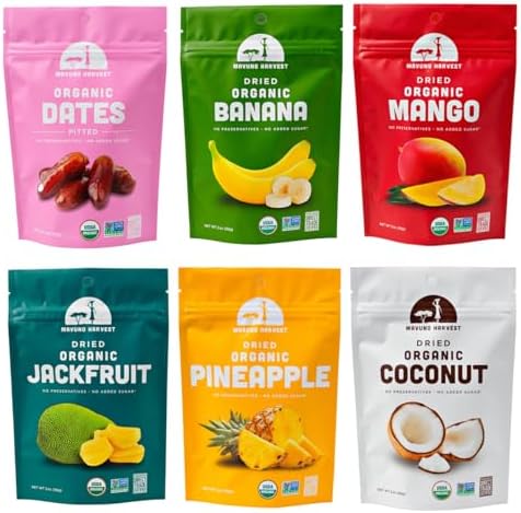 Mavuno Harvest Organic Dried Fruit Variety Pack | Dried Mango, Dates, Pineapple, Banana, Jackfruit, & Coconut | Healthy, Vegan, No Sugar Added, Non GMO Snacks for Kids & Adults | 2 Ounce, 6 Pack