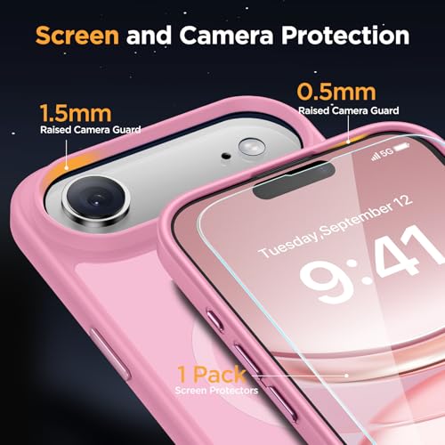 Image of Miracase Magnetic for iPhone Air Case with Screen Protector(Compatible with MagSafe), Slim Thin Translucent Matte Military-Grade Protected Phone Cover for iPhone 17 Air 6.5 inch, Light Pink