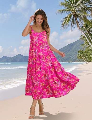 Image of YESNO Summer Bohemian Floral Dresses for Women Spaghetti Straps Maxi Dress Casual Flowy Dresses with Pockets ES0