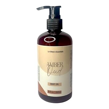 LE SHEA Amber Oud Scented Body Oil, Lightweight Fragrant Skin Moisturizer for Cuticle After Bath Shower Massage Daily Wear w Safflower & Apricot Oil for Dry Skin & Hands 8 oz