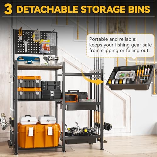Image of SOYEEZE Fishing Rod Holders for Garage, 3 Storage Boxes for Reels & Fishing Accessories, 10 Rod Capacity Fishing Pole Holder with Pegboard, and 3-Tier Shelf for Tackle Box, Fishing Gear Organizer
