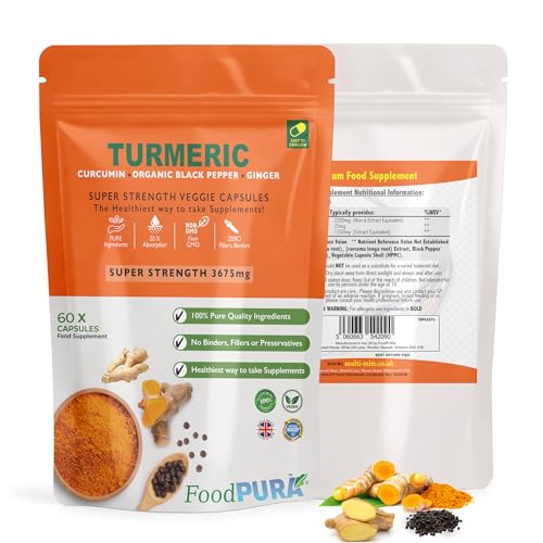 FoodPURA 60 x Turmeric & Black Pepper Capsules with Ginger - High Strength (3675mg) Curcumin Supplement, UK Manufactured & HACCP Certified