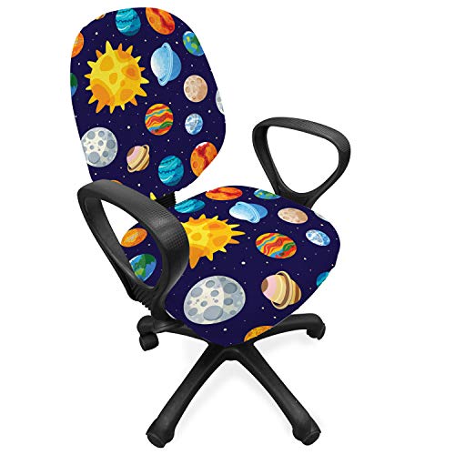 Ambesonne Outer Space Office Chair Slipcover, Colorful Planets Cartoon With Sun Solar System Themed Illustration, Protective Stretch Decorative Fabric Cover, Indigo Yellow Orange #TOP14