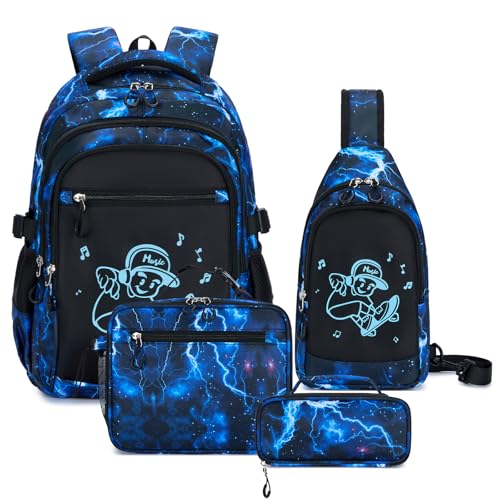 Amythe Mochila Escolar para Niños Adolescentes - Set Completo con Bolso Pecho, Bolsa Almuerzo & Estuche - Mochila Casual para Chicos Adolescente - Impermeable para Cole Ocio, Azul