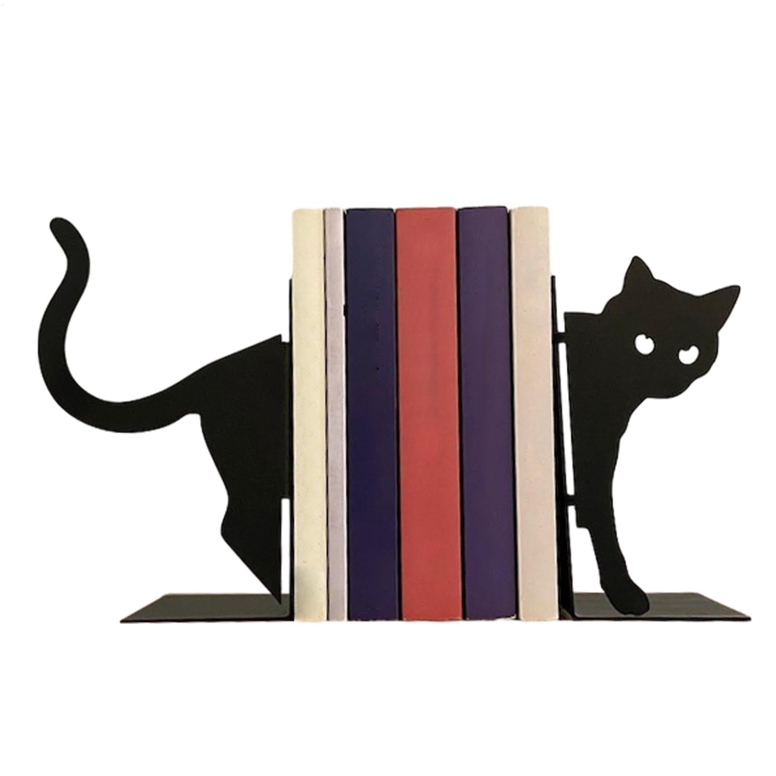 Sujetalibros de gato para estanterías, apoyalibros de metal negro resistente y original