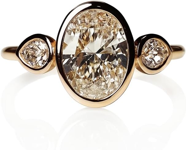 Oval Cut Three Stone Engagement Ring for Women – Rose Gold Bezel Set Dainty Ring with Pear & Round CZ Accents, Vintage Inspired Wedding & Promise Jewelry Gift