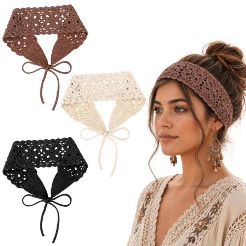 Snuviax 3Pcs Crochet Knit Hair Band Headband, Women's Boho Crochet Knit Hair Band, Boho Headband Bands, Hippie Bandana Headbands for Women (Black+Beige+Coffee)