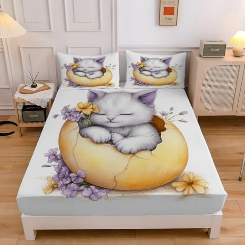 Ssabana Bajera 200x200 CáScara De Huevo Sabanas Bajeras Estampadas Gatito Sábana Bajera Ajustable Suaves, Elastico Funda Colchon con 2 Funda Almohada 50x80 cm, para Colchón de 30cm de Altura