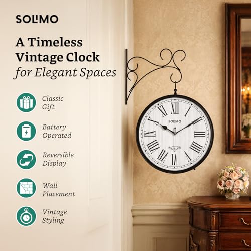 Image of Amazon Brand - Solimo Double Sided Vintage Station Wall Clock, One Side Roman and Other Side Numeral dial (10 Inches, Black)