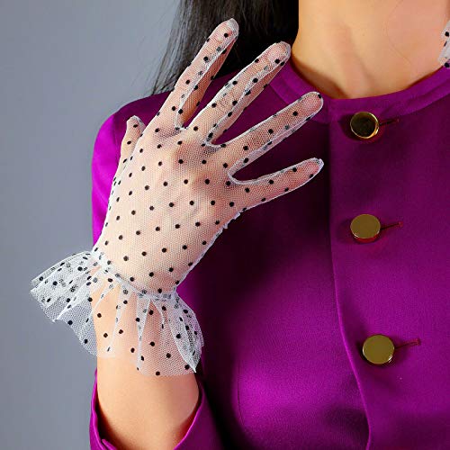 Women Lace Short Gloves Ruffle Trim Layer Tulle Mesh Semi Sheer Touchscreen Cosplay Gloves4