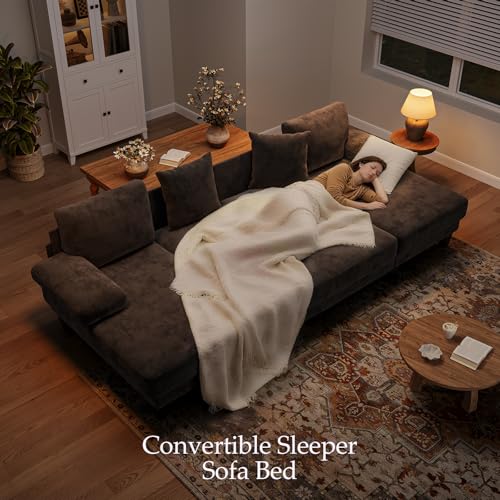 Image of Txtin's Sleeper Sofa with Pull Out Couch Bed | 112 Inch Couches for Living Room | U-Shaped Convertible Sofa Bed | Chenille Brown