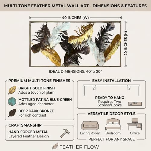 Image of Large 3D Metal Wall Art for Living Room - Framed Feather Wall Showpiece - Modern Sofa Back Wall Decoration Items & Aesthetic Bedroom Wall Hanging Decor - Big Size Home Interior Frame (Gold & Black)