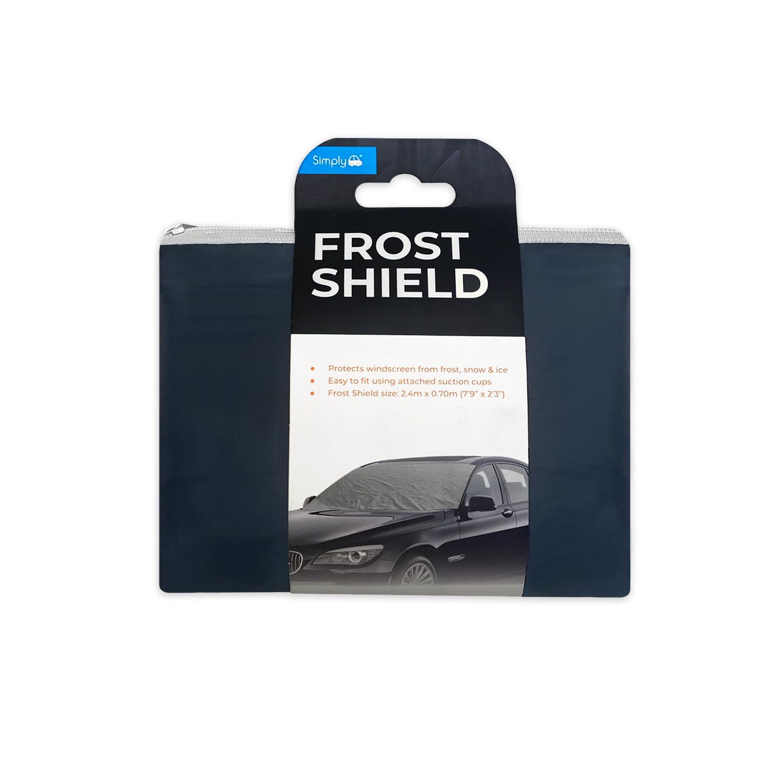 Simply FRO1 Standard Car Frost Protection and Sun Shield, Size 2.4m x 0.71m (7'9" x 2'3") Water-Resistant, Protects Windscreen from Frost, Snow, Sunlight, Rain, Bird Dropping, Dust & Ice, Universal Fit, Using Suction Cups, Durable & Lightweight
