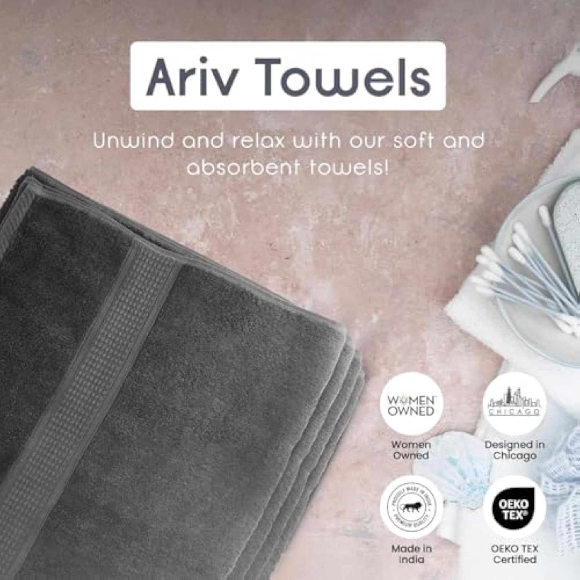 Large Premium Bamboo Cotton Bath Towels, 4 Piece Set