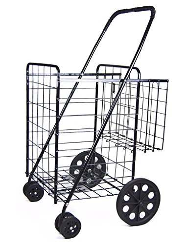 PrimeTrendz Jumbo Shopping/Laundry Folding Cart | Double Basket | Front Moving Swivel Wheels | Thicker Soft Handle | Color: Black