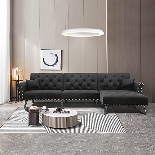 Lch Velvet Convertible Sleeper Sectional Sofa Bed,Reversible L Shaped Button Tufted Couch Furniture Set With Chaise Lounge 2 Pillows For Living Room, Black #TOP6