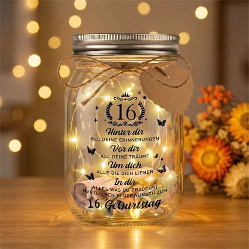 Johiux Geschenke zum 16 Geburtstag Mädchen Junge,LED Flaschenlicht Geldgeschenke Geburtstag 16,Geburtstag Geldgeschenke Verpackung,16.Geburtstagsgeschenk Geld Leuchtflasche Coole Geschenkideen.