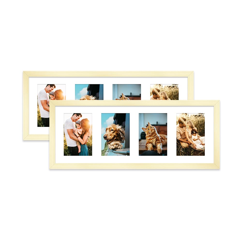 Gold Multi Photo Frame - Holds 4 x 6x4 Pictures, Family Collage Picture Frame for Wall Display, 8x22 Panoramic Frame Size, Set of 2
