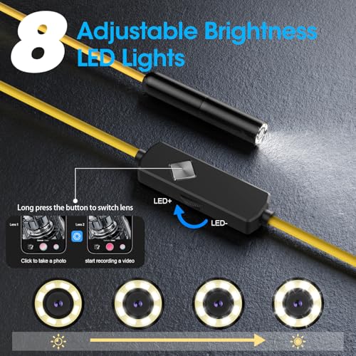 Image of Endoscope with Light, 1920P HD Borescope with 8 Adjustable LED Lights, Semi-Rigid Snake Camera, IP67 Waterproof Inspection Tool for iPhone & Android - 9.8FT-Single Lens (Yellow)