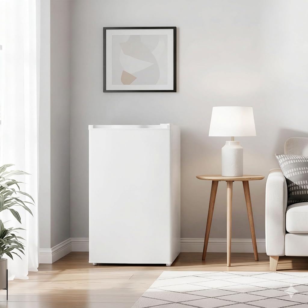 Mini réfrigérateur 91 L avec congélateur porte simple, thermostat 7 réglages, silencieux, compact blanc