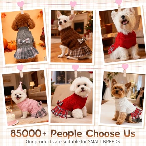 Image of Hpetppy Dog Sweater Dress with Bowtie Turtleneck Warm Pullover Pet Sweater Soft Comfy Knitwear Dog Sweaters for Small Dogs Girl Pet Winter Clothes Cat Apparel with Leash Hole (Brown M)